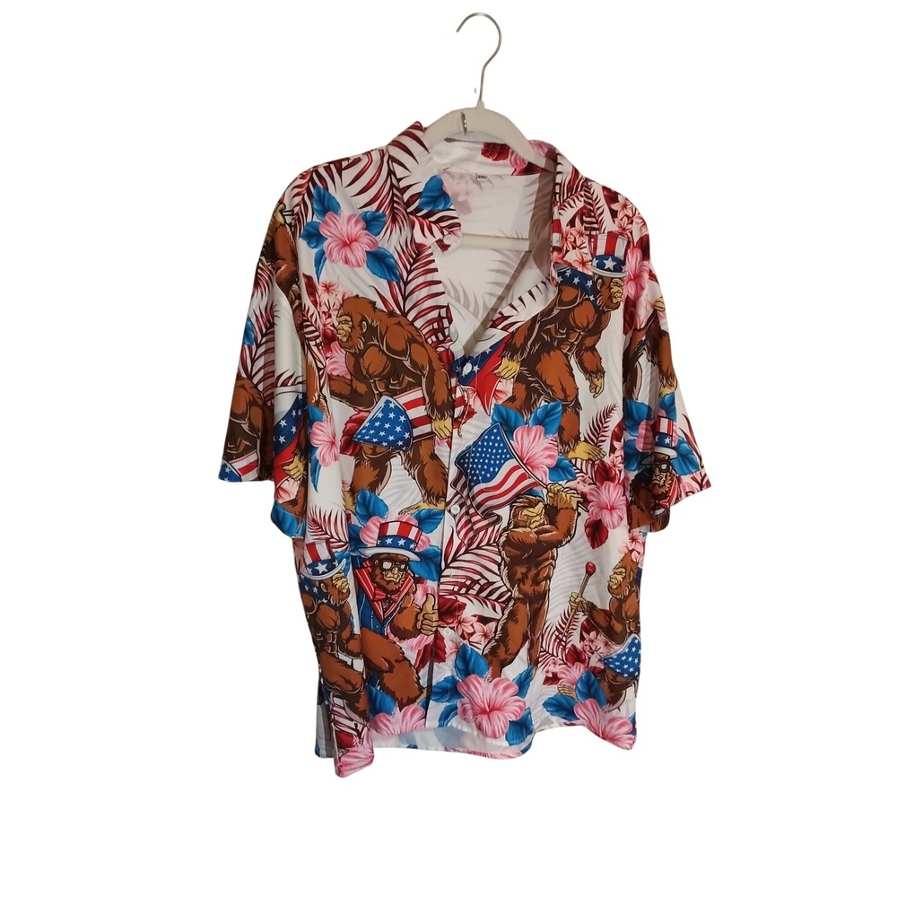 Bigfoot Patriotic American Flag Hibiscus Floral Short Sleeve Shirt Mens 2XL